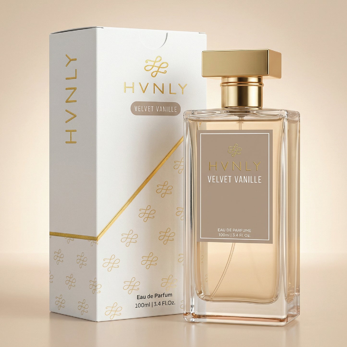 HVNLY Velvet Vanille perfume bottle and packaging on a beige background