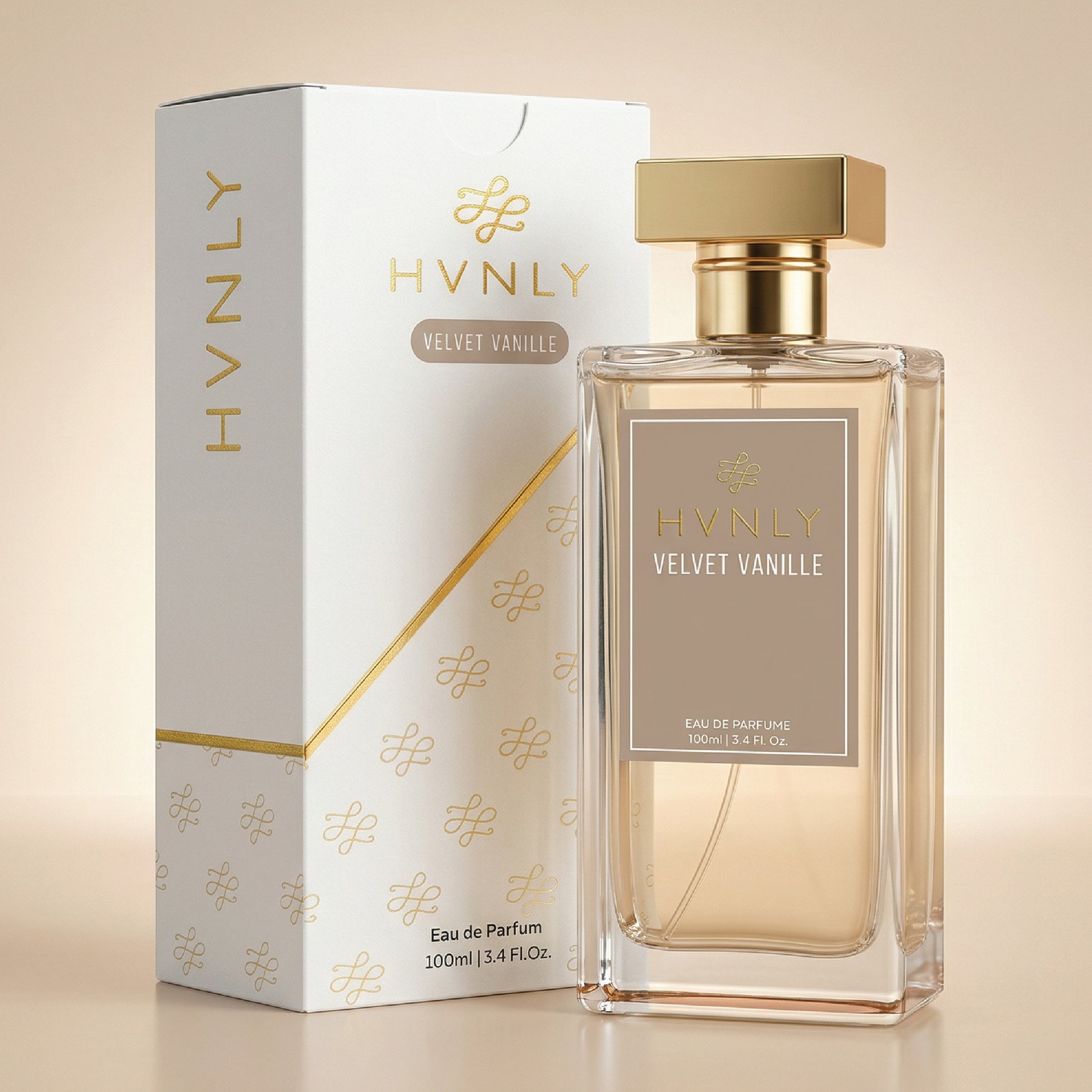 HVNLY Velvet Vanille perfume bottle and packaging on a beige background