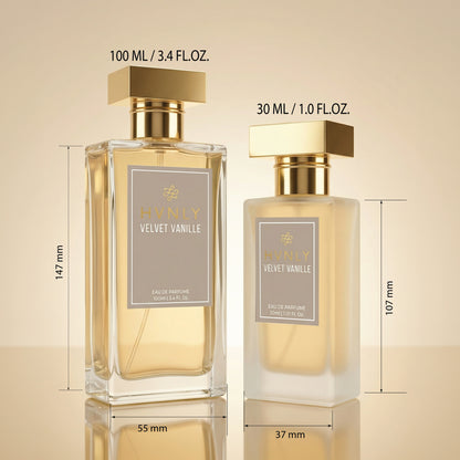 Two perfume bottles labeled Hvnly Velvet Vanille with measurements on a beige background showing the size difference in the 100ml & 30ml bottle
