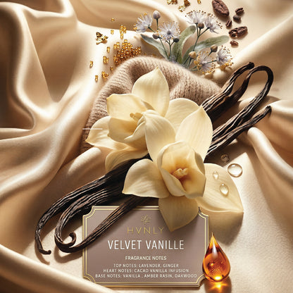 Vanilla beans and flowers with a 'HVNLY Velvet Vanille' fragrance card on a satin background showcasing the notes of the perfume