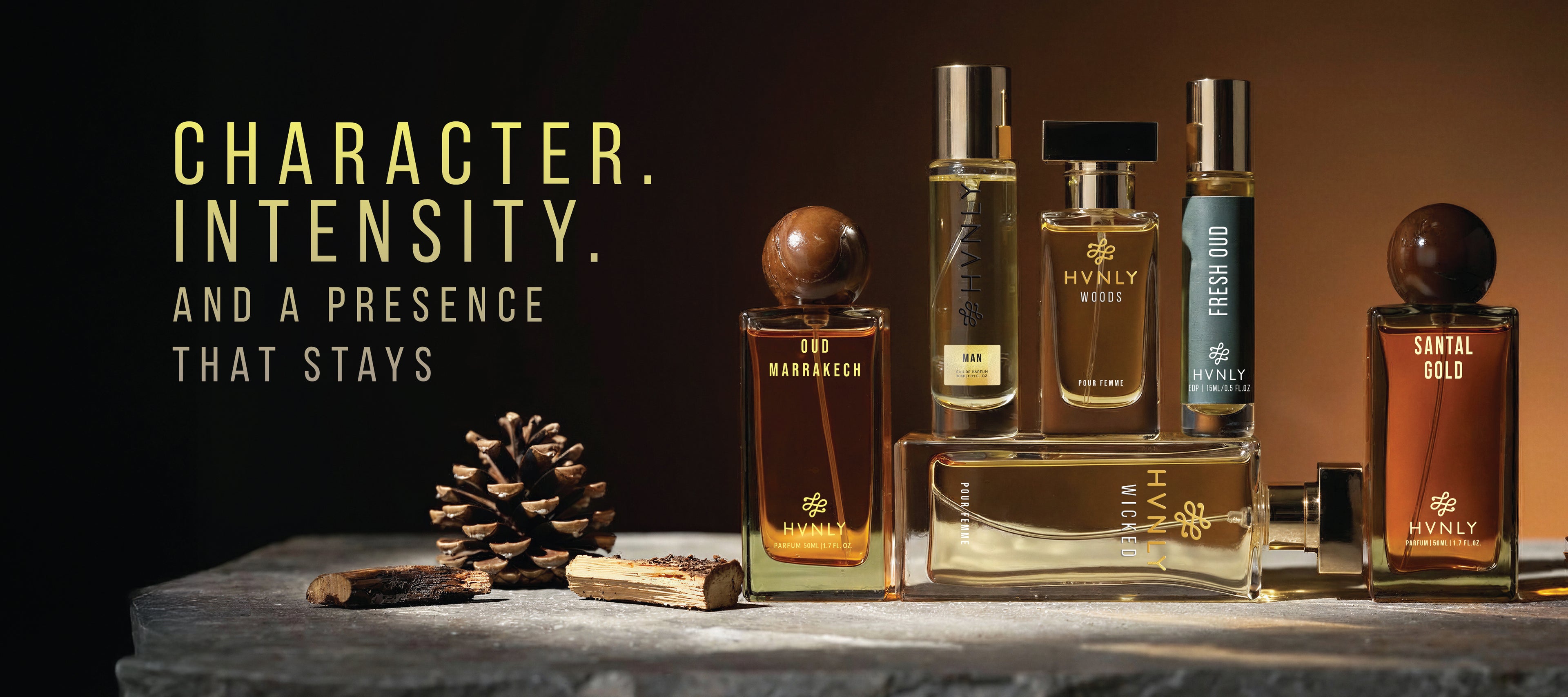 HVNLY's Collection of perfume bottles from the collection perfume for him, on a dark background with text about character, intensity, and presence.