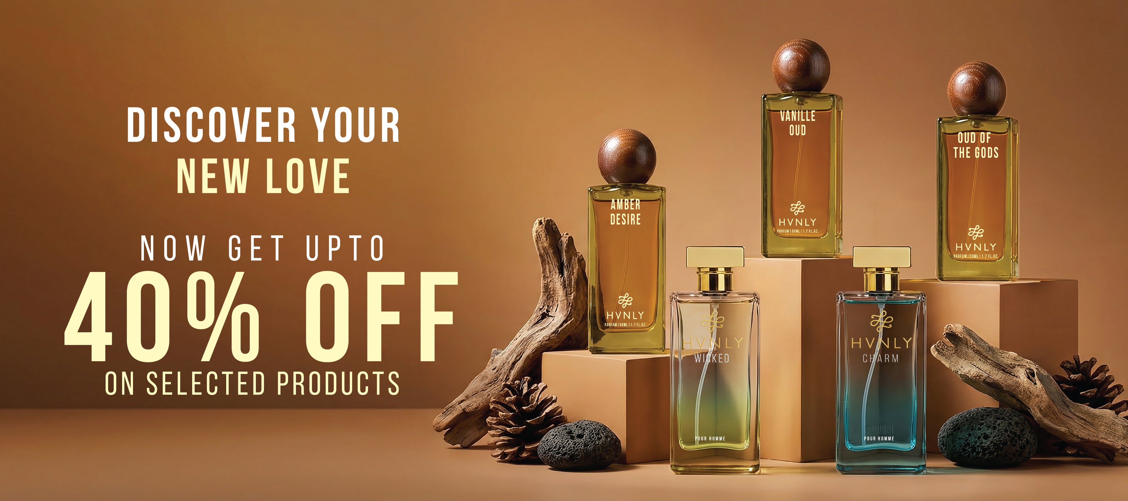 HVNLY's Perfume bottles with promotional offer's text on a brown background
