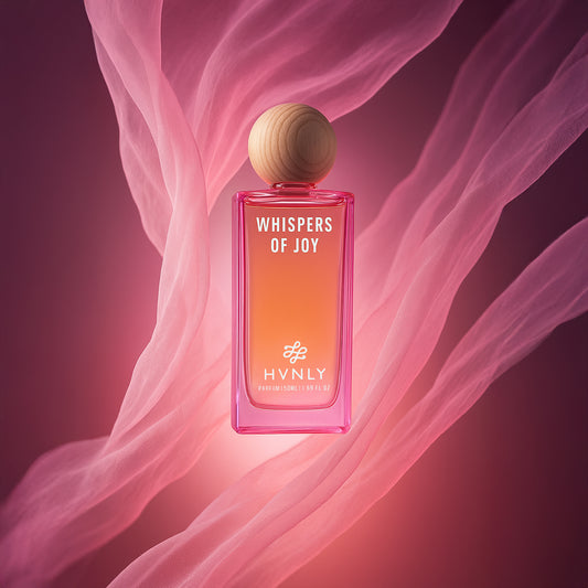 Perfume bottle labeled 'Whispers of Joy' by HVNLY with pink silk fabric effect