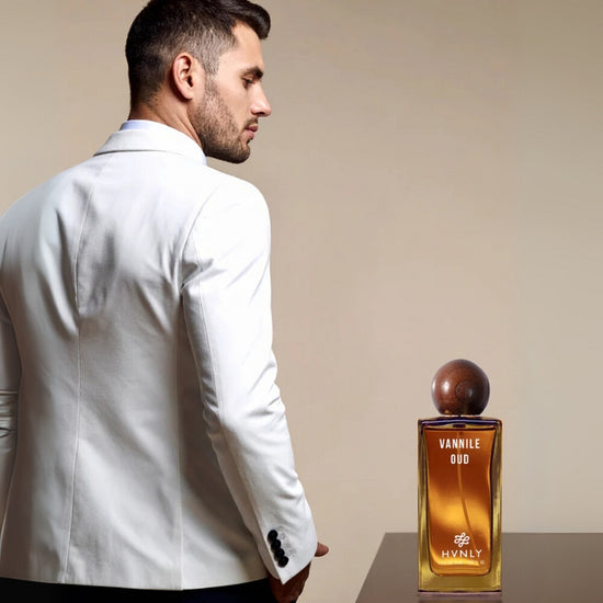 Close up shot of the Vanille Oud perfume by Hvnly showcasing the state of art, sleek design of the bottle.