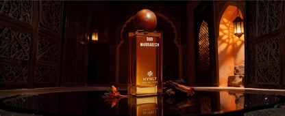 Slide shot of the Oud Marrakech perfume bottle showcasing the top, middle and base notes of the perfume.