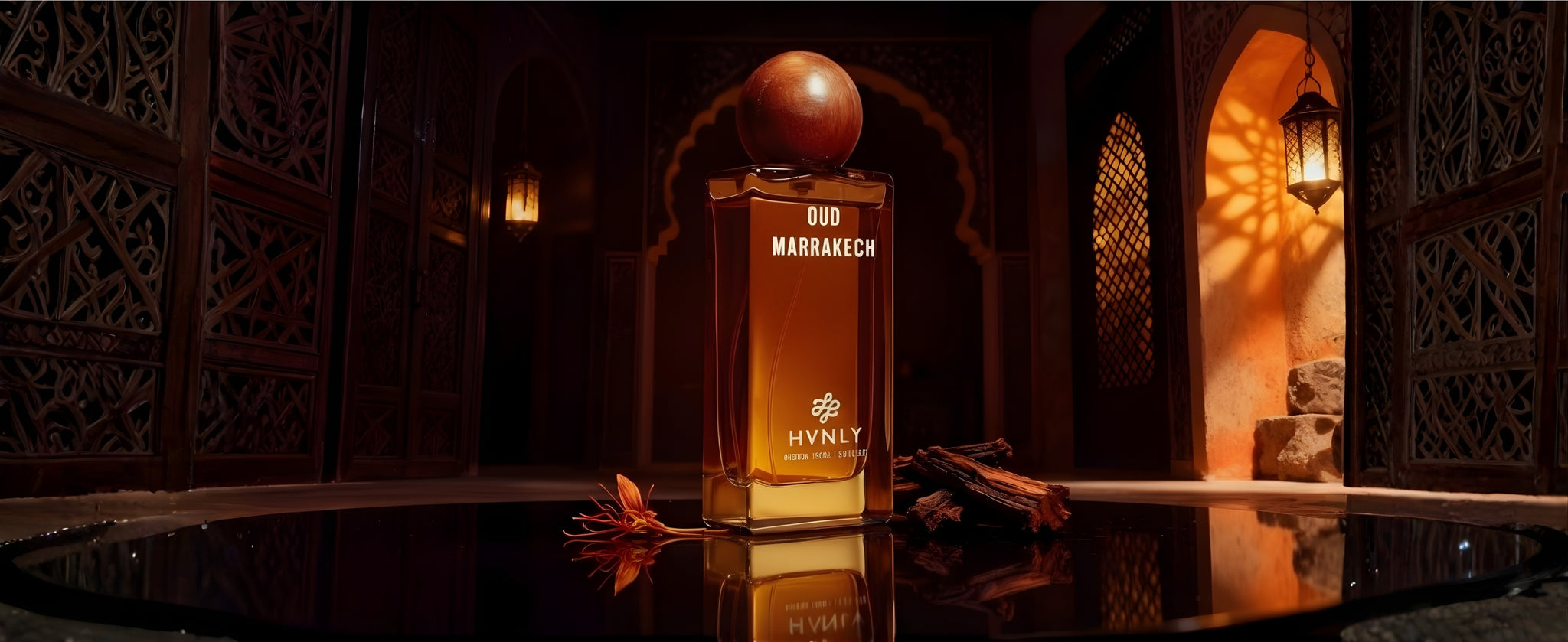 Slide shot of the Oud Marrakech perfume bottle showcasing the top, middle and base notes of the perfume.