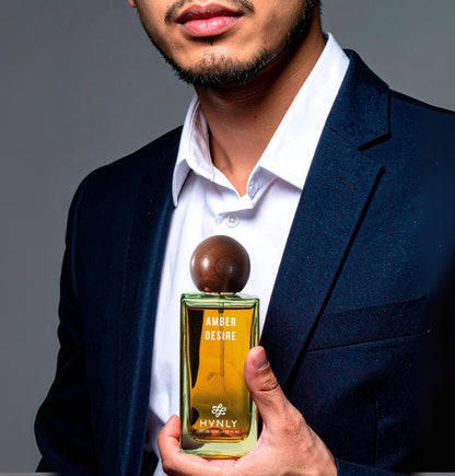 Close up shot of Amber Desire by Hvnly, showcasing the aesthetics, sleek design and state of the art design of the bottle.