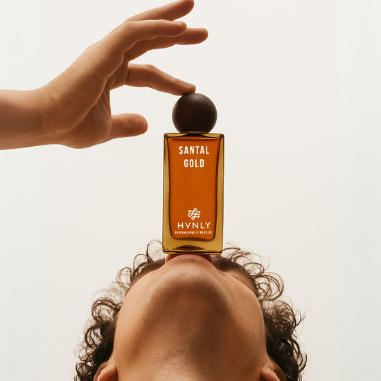 Close up shots of Santal Gold perfume showcasing the perfume from different angles displaying its state of art design and aesthetics