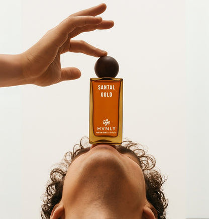 Close up shots of Santal Gold perfume showcasing the perfume from different angles displaying its state of art design and aesthetics