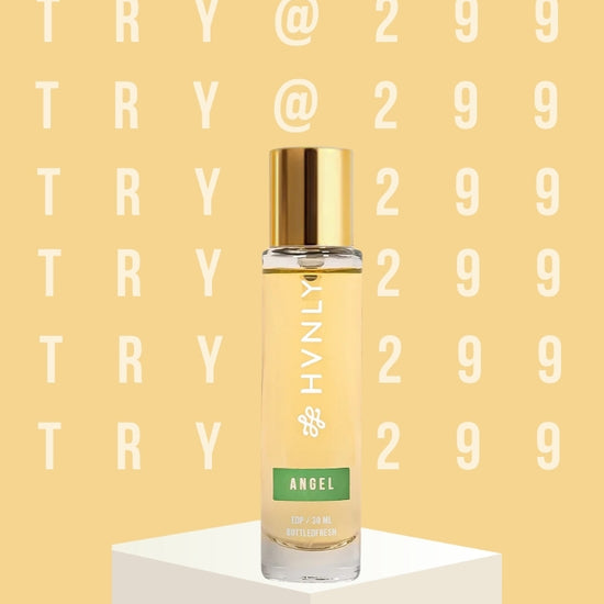 Video stating- Try Angel Perfume by HVNLY at just Rs. 299. Communicating that it costs less than a pizza.