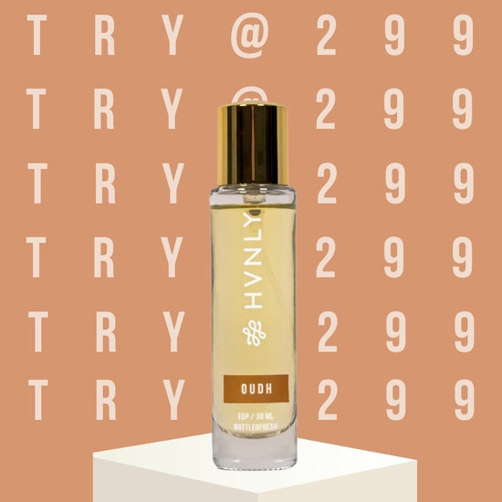 HVNLY Oudh perfume bottle on a peach background with 'TRY @299' text.