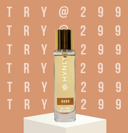 HVNLY Oudh perfume bottle on a peach background with 'TRY @299' text.
