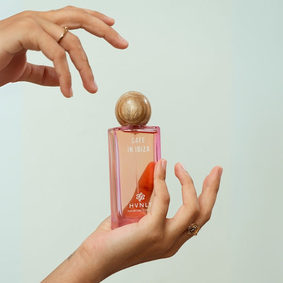 Close up shot of the perfume bottle showcasing the detailing and aesthetics  of the aesthetics of Cafe in Ibiza bottled by Hvnly.