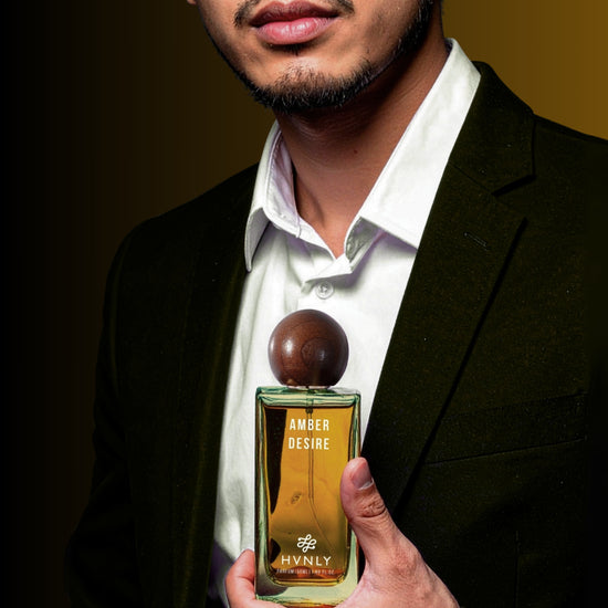 Sliding shot of Amber Desire perfume by Hvnly showcasing the top, middle and base notes of the perfume in the next frame.