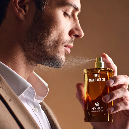 Close up, zoomed-in shots of Oud Marrakech by Hvnly in an aesthetically pleasing way. Showcasing the sleek and state of the art design of bottle. 