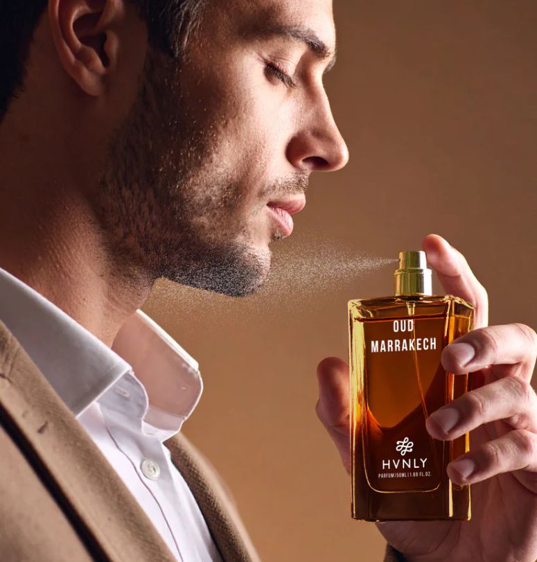 Close up, zoomed-in shots of Oud Marrakech by Hvnly in an aesthetically pleasing way. Showcasing the sleek and state of the art design of bottle. 