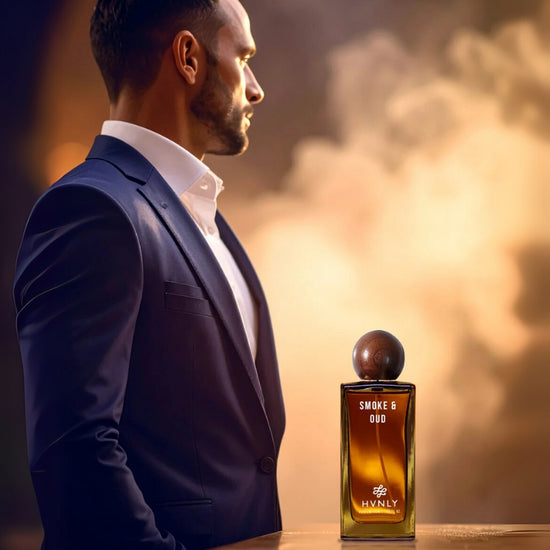 Close up shots of Smoke & Oud by Hvnly showcasing the state of the art design of the bottle and aesthetics of perfume.