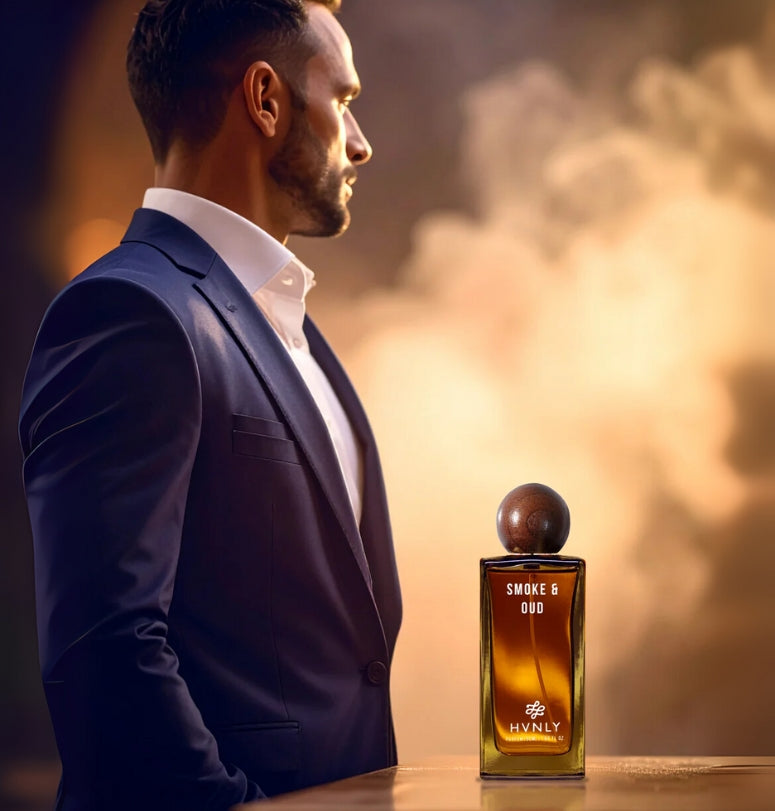 Close up shots of Smoke & Oud by Hvnly showcasing the state of the art design of the bottle and aesthetics of perfume.