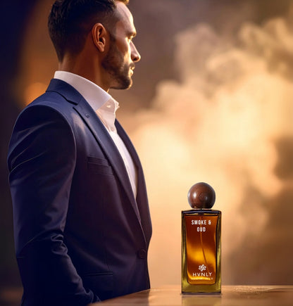 Close up shots of Smoke & Oud by Hvnly showcasing the state of the art design of the bottle and aesthetics of perfume.