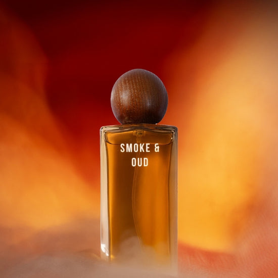 Sliding shot of Smoke & Oud perfume showcasing the top, middle and base notes of the perfume.