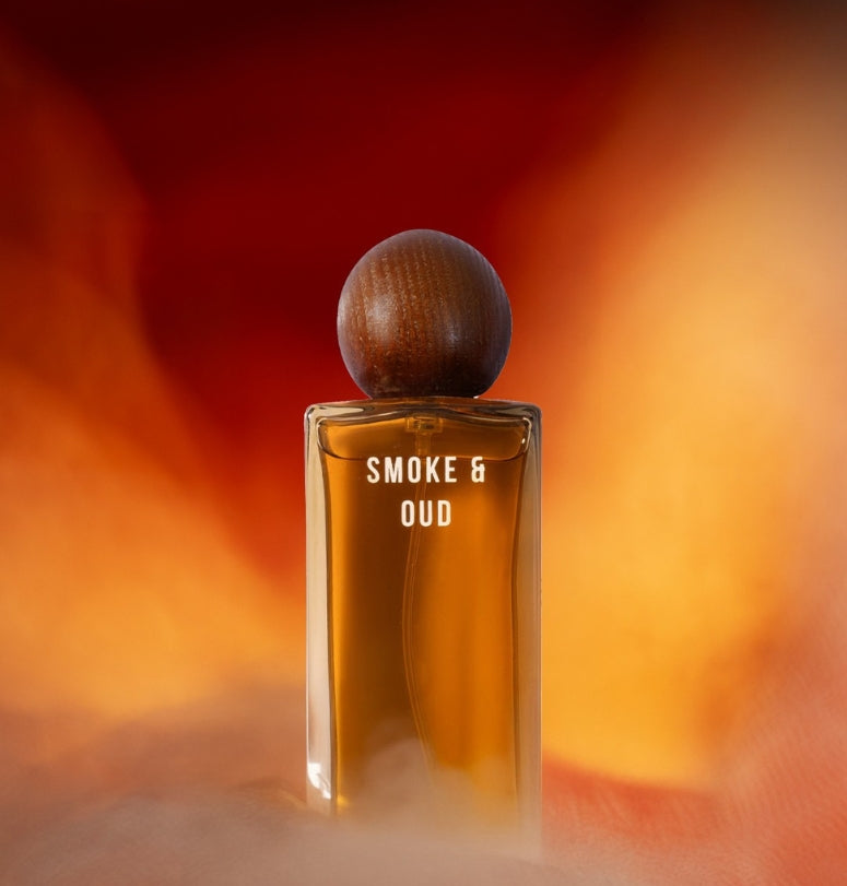 Sliding shot of Smoke & Oud perfume showcasing the top, middle and base notes of the perfume.