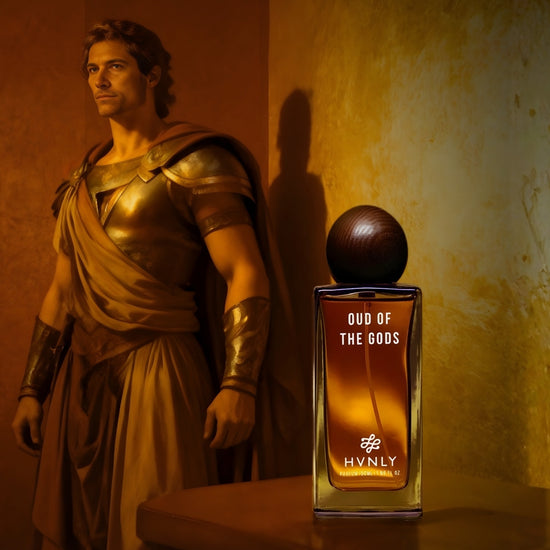 Sliding shot of Oud of the Gods perfume showcasing the top, middle and base notes in the next frame.