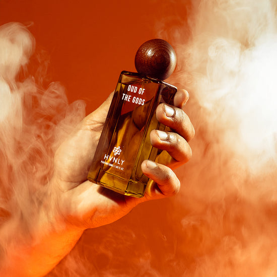 Close up shots of Oud of the Gods perfume bottle, showcasing the divinity of the fragrance and its state of art design.