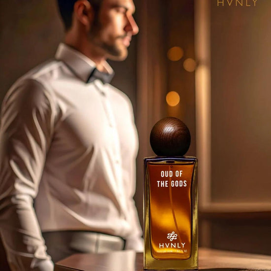 Sliding shot of Oud of the Gods perfume showcasing the top, middle and base notes in the next frame.