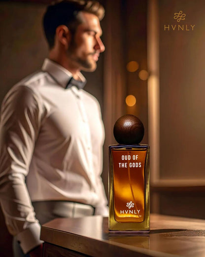 Sliding shot of Oud of the Gods perfume showcasing the top, middle and base notes in the next frame.