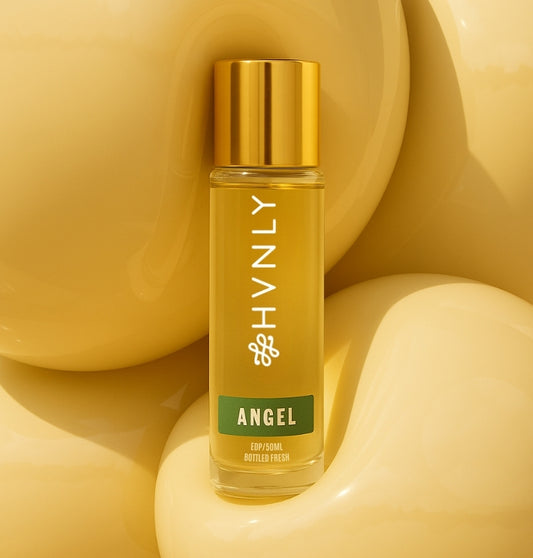 Yellow bottle labeled 'HVNLY Angel' on a yellow background